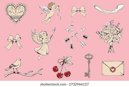 Cute pink vector illustration set featuring ballet dancers and ballet shoes in a playful cartoon style for kids designs and cards...