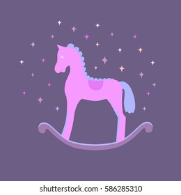 Cute pink vector rocking horse isolated on violet background. Baby toy. Design element for logo, card, t-shirt print, invitation, scrapbook, accessories