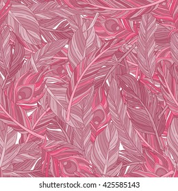 Cute pink vector seamless background with different species of bird feathers. Cartoon style boho girl ornament.