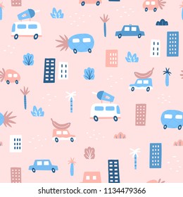 Cute pink vector seamless pattern. Cars and fruits