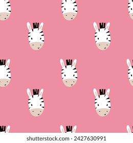 Lindo vector rosa patrón sin fisuras con cebra cara de animal africano. Estampado tropical de verano en doodle lindo guardería niño estilo plano fondo de pantalla azulejo.