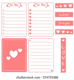 cute pink vector set of printable template for cards, notes, journal with hearts illustration