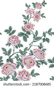 cute pink vector stock flowers with green leaves pattern of white