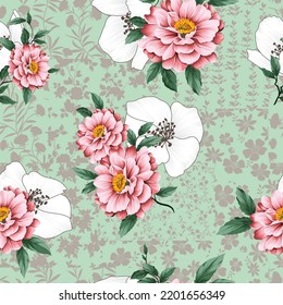 cute pink vector stock flowers with green leaves bunches pattern on bandanna background