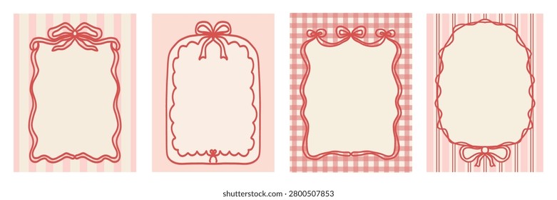 Cute Pink Vintage Frames Collection with Ribbon Bows and Gingham Backgrounds