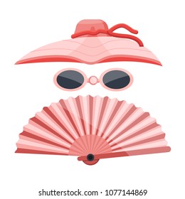 Cute pink vintage retro mademoiselle girl women female summer time weekend vacation holiday beach happy logo poster silhouette flyer. Modern flat vector illustration icon on white. Hat, glasses, fan. 