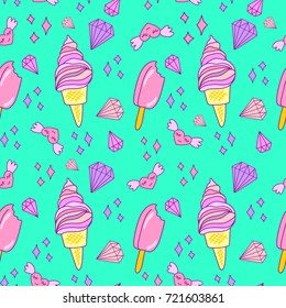 Patrón transparente de color rosa y violeta con helados, corazones, cristales y esquimal.Fondo vectorial para textil, impresión, tela infantil, papel pintado, envoltura. Ilustración giratoria en tonos rosa suaves.