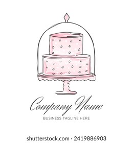 Cute Pink Watercolor Draft Style Cake Logo Design for Bakery