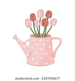 Cute pink watering can with doodle tulips.