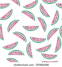 Cute pink watermelon slice design on white background, seamless, pattern, wallpaper, background. Vector art, vector image, vector design, vector illustration.