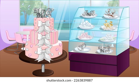 Cute Pink Wedding Cake and Toppers on Display in a Cake Shop Background Cartoon Style. Vector Illustration