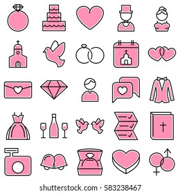 Cute Pink Wedding Day Icons Vector Set