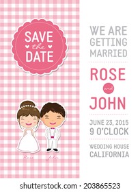 Cute pink Wedding Invitation template card, cartoon couple wedding vector illustration