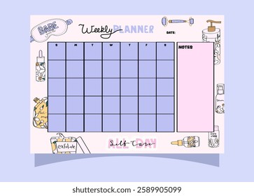 cute pink weekly planner with a self-care product theme for weekly and monthly planning.