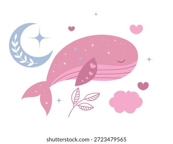 Ballena rosada linda que flota con la luna y las estrellas