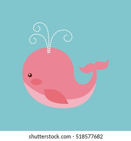 cute pink whale over blue background. colorful design. vector illustration