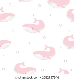 Cute pink whale seamless pattern. Baby marine background. Vector hand drawn illustration.