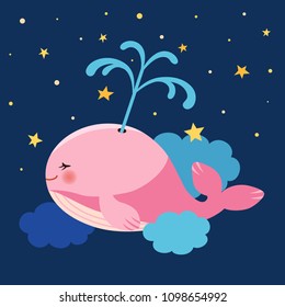 Cute pink whale swimming in the night sky