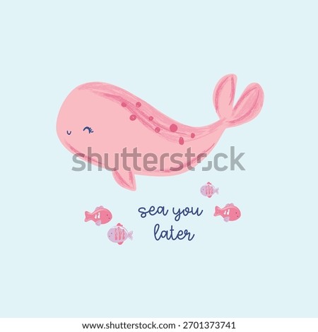cute pink whale and tiny colorful fish seamless print pattern graphic tee design for kids market as vector