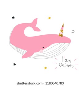 Cute pink whale unicorn with quote. Kids fashion graphic. Vector hand drawn illustration.