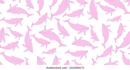 Cute pink Whales. Marine life. Sea seamless pattern with bright whales on white. Underwater diving, sea travel. Vector design in flat style for textiles, wrapping paper, fabric, wallpaper, wall art