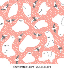 Cute pink white blue seamless pattern of ghosts and vampire bats. Vector hand drawn illustration