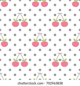 Cute pink white gray seamless vector pattern background illustration with cherry and polka dot.