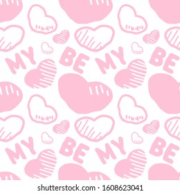 Cute pink and white hearts Be My Valentine wrapping paper background seamless pattern white isolated stock vector illustration