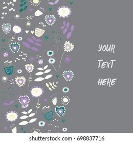 Cute pink, white and turquoise flowers strip with hearts on the left half of the picture. Vector illustration on grey background, Place for your text