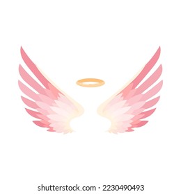 Cute pink wings and gold nimbus flat vector illustration. Cartoon drawing of pair of angel wings and halo isolated on white background. Love, heaven, religion, freedom concept