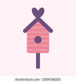 Cute pink wooden birdhouse. Bird house for tree, fence, roof. Flat vector illustration isolated on white background