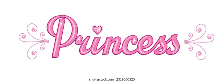 Cute pink word princess hand lettering with heart shaped gemstone. Little princess calligraphy label for kids fashion graphics and t-shirt prints