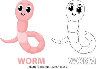 Cute Pink Worm Caricatura de Colores Libro, líneas simples dibujadas a mano