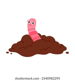 Cute pink worm crawling in pile of garden soil, shy earthworm hiding vector illustration