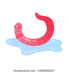 Verme rosa bonito rastejando na poça de água da chuva, ilustração vetor de larva piscando