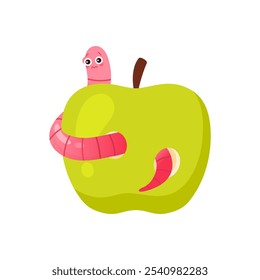 Gusano rosado lindo que come la manzana verde, larva triste que roe los agujeros dentro de la Ilustración vectorial