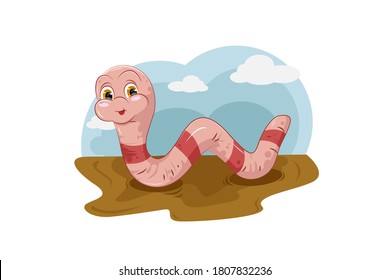 A cute pink worm on the mud with sky and cloud background, design animal cartoon vector illustration