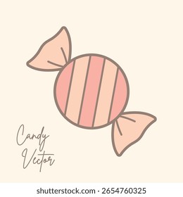 Cute Pink Wrapped Candy Vector Illustration – Hand Drawn Sweet Chocolate Clipart – Striped Caramel Treat for Kids, Dessert, Birthday, Baby Shower, Confectionery, Minimal Pastel Design Element.