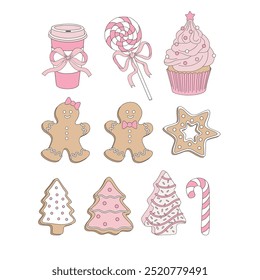 Cute Pink Xmas treats Coffee Lollipop Cupcake Gingerbread Peppermint candy vector clip-art set isolated on white. Coquette Christmas illustration