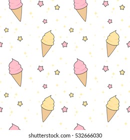 Cute Pink And Yellow Cartoon Ice Cream With Stars Seamless Vector Pattern Background Illustration