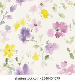 Cute pink and yellow floral seamless watercolor pattern with watercolor background. Flower vector illustration. Watercolor print in rustic vintage style, textile or wallpapers.