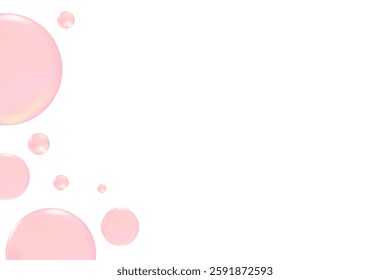Cute pink, yellow glowing bubbles floating isolated, transparent background. Nude color geometric circles of various sizes scattered around. Fun, playful cosmetic decoration design element.