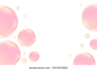 Cute pink, yellow glowing bubbles floating isolated, transparent background. Nude color geometric circles of various sizes scattered around. Fun, playful cosmetic decoration design element.
