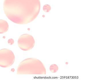 Cute pink, yellow glowing bubbles floating isolated, transparent background. Nude color geometric circles of various sizes scattered around. Fun, playful cosmetic decoration design element.