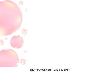 Cute pink, yellow glowing bubbles floating isolated, transparent background. Nude color geometric circles of various sizes scattered around. Fun, playful cosmetic decoration design element.