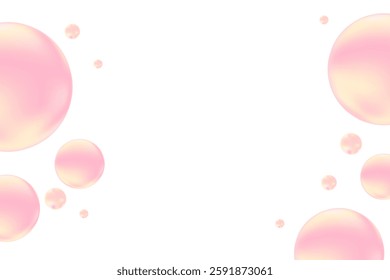 Cute pink, yellow glowing bubbles floating isolated, transparent background. Nude color geometric circles of various sizes scattered around. Fun, playful cosmetic decoration design element.