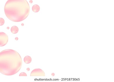 Cute pink, yellow glowing bubbles floating isolated, transparent background. Nude color geometric circles of various sizes scattered around. Fun, playful cosmetic decoration design element.
