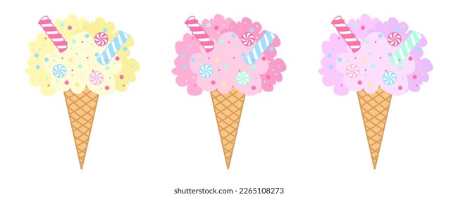 Cute pink, yellow and purple cotton Candy ice cream. Set of pastel desserts. Decor, clothes, fabric, textile. Template for banner, sticker, brochure, poster, card. Vector illustration.