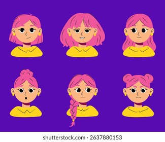 Cute Pink-Haired Girl Avatar Pack – Vector Cartoon Emotions and Hairstyles – Female Character Faces for UI, Games, Animation, Stickers, and Social Media Design