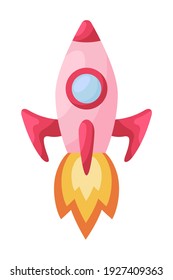 Cohetes rojos rosados con fuego sobre fondo blanco. Transporte de dibujos animados para tarjetas para niños, ducha para bebés, invitación para cumpleaños, interior de la casa. Ilustración vectorial infantil de color brillante al estilo de las caricaturas.
